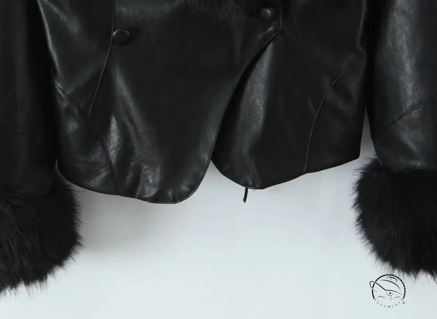Langry fashion black leather fur-trimmed winter short jacket coat
