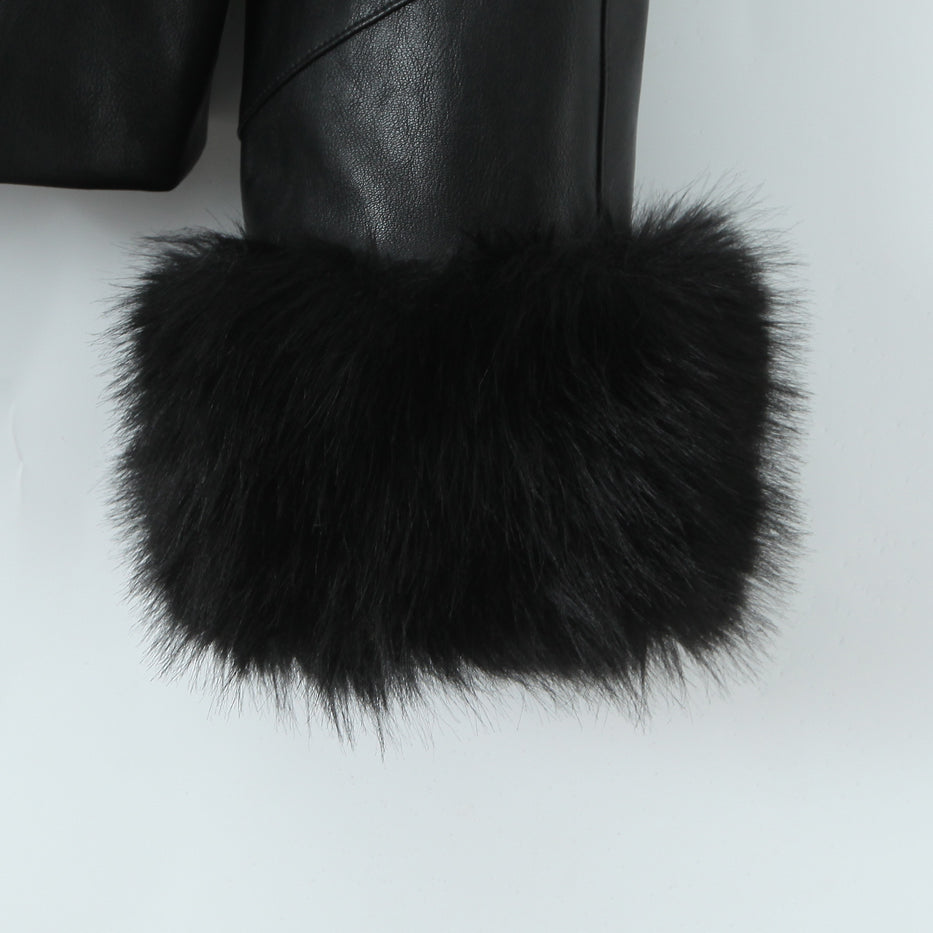 Langry fashion black fur boot topper with leather strap buckle on winter jacket