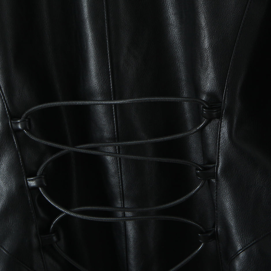 Langry fashion black leather corset with crisscross lacing in winter fur jacket