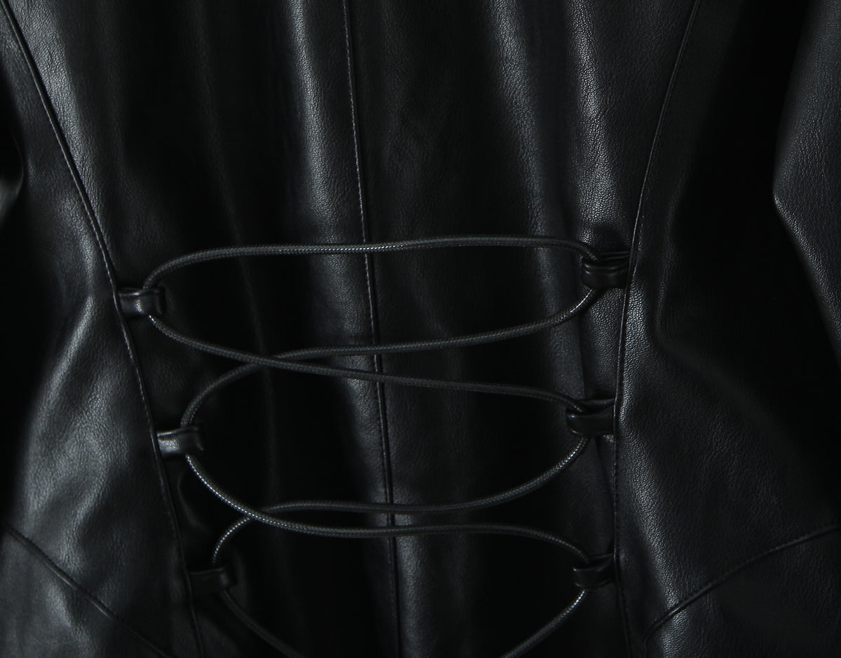 Langry fashion black leather corset with crisscross lacing in winter fur jacket