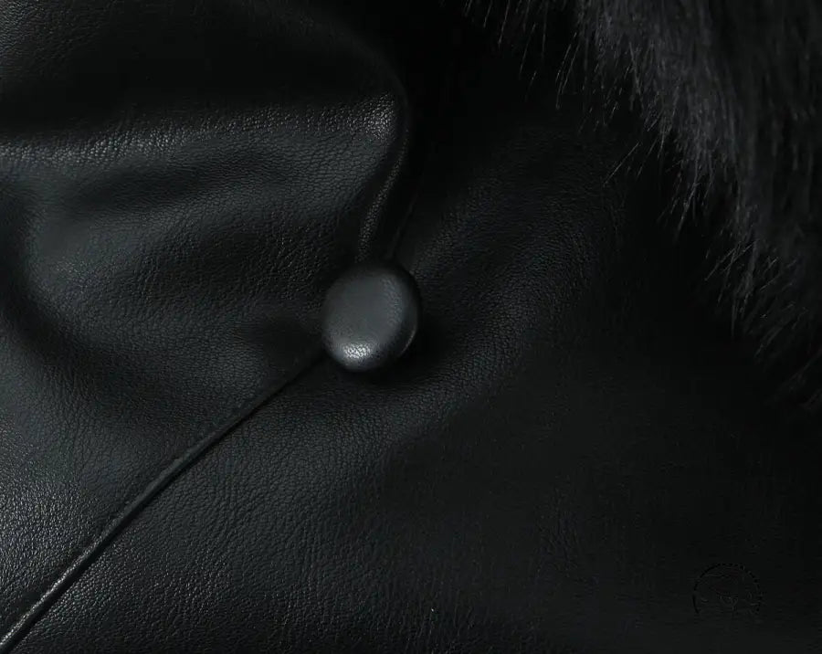 Langry fashion black leather jacket with fur trim and button details