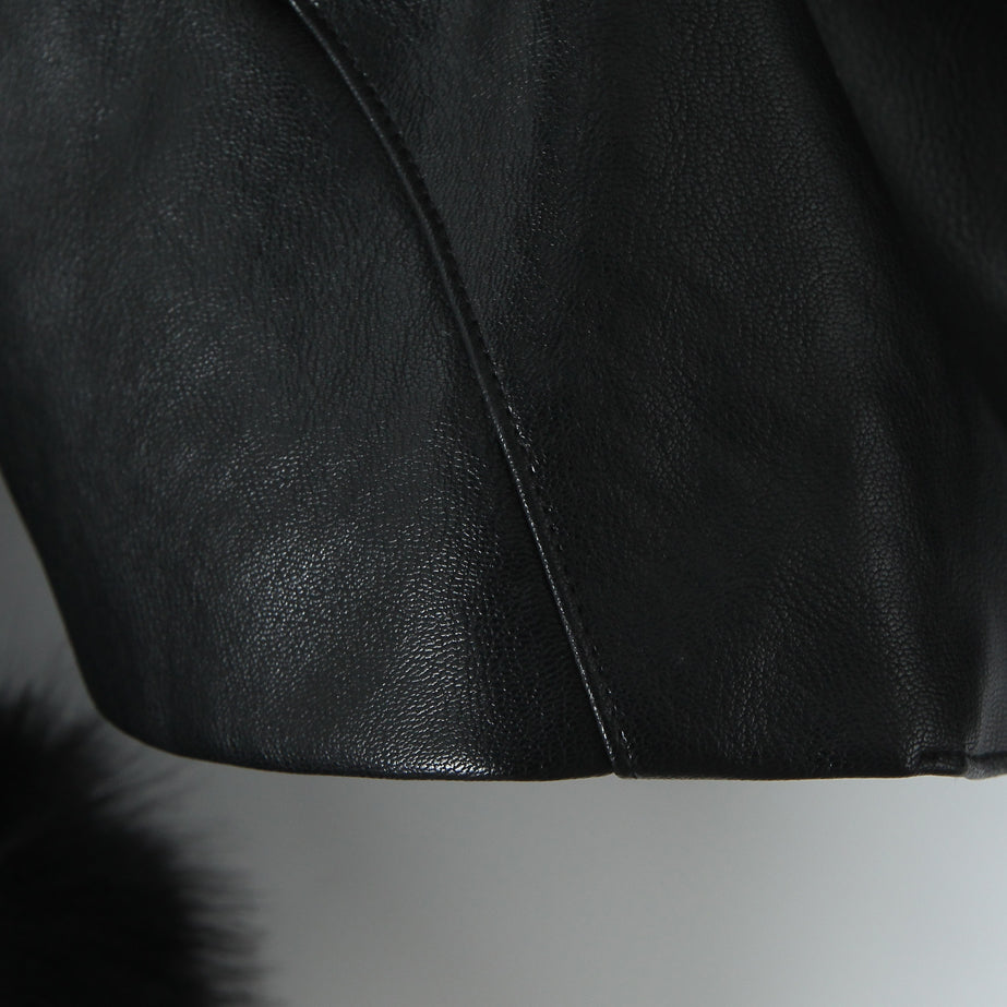 Langry fashion black leather jacket with fur, zipper, and flap pockets