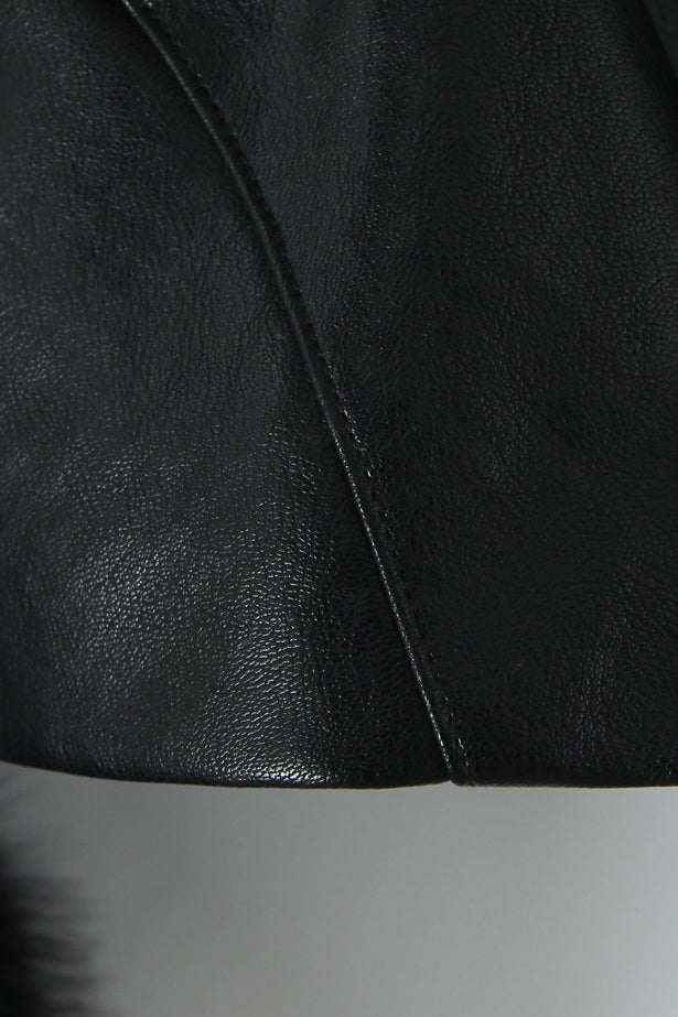 Langry fashion black leather jacket with fur, zipper, and flap pockets