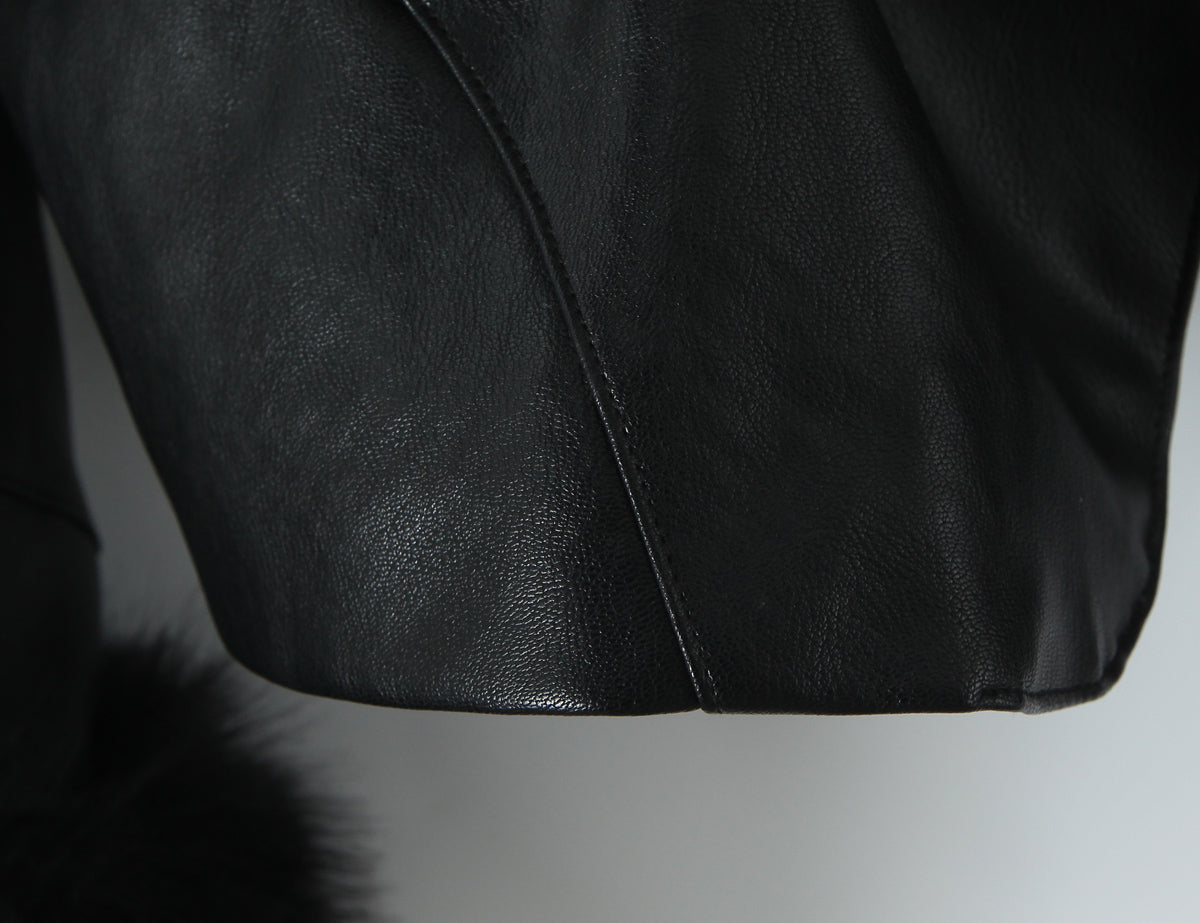 Langry fashion black leather jacket with fur, zipper, and flap pockets