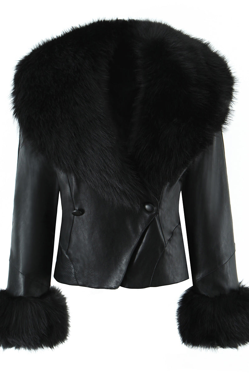 Langry fashion black leather fur-trimmed winter jacket with double-breasted buttons