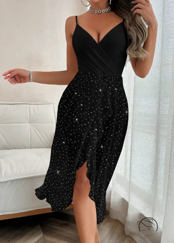 Elegant langry black and white polka dot fashion dress with high slit and spaghetti straps
