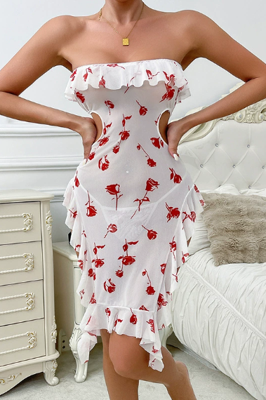 Langry rose print tube top mesh nightdress in white with red roses and ruffles