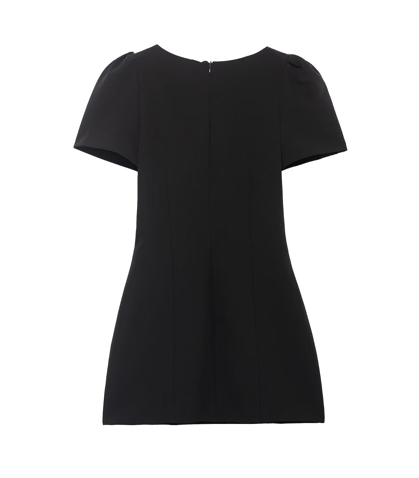 Langry enchanting short pleated pocket dress in black with puffed shoulders and back zipper