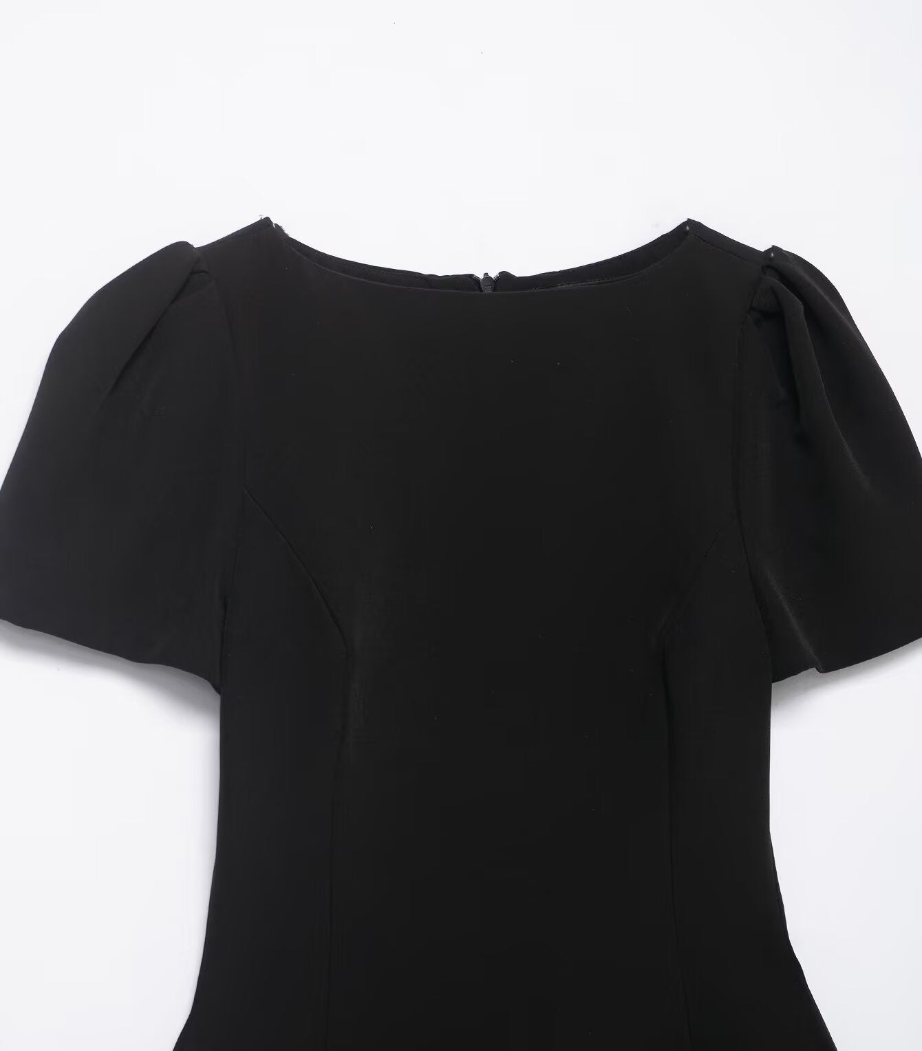 Enchanting short pleated pocket black dress with puffed sleeves, rounded neckline, langry fashion ملابس