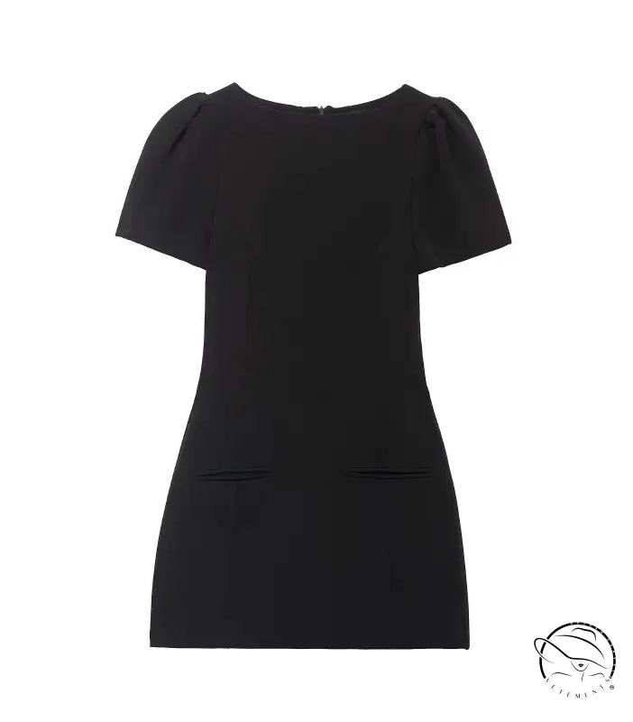 Enchanting short pleated pocket dress in black with puffed shoulders