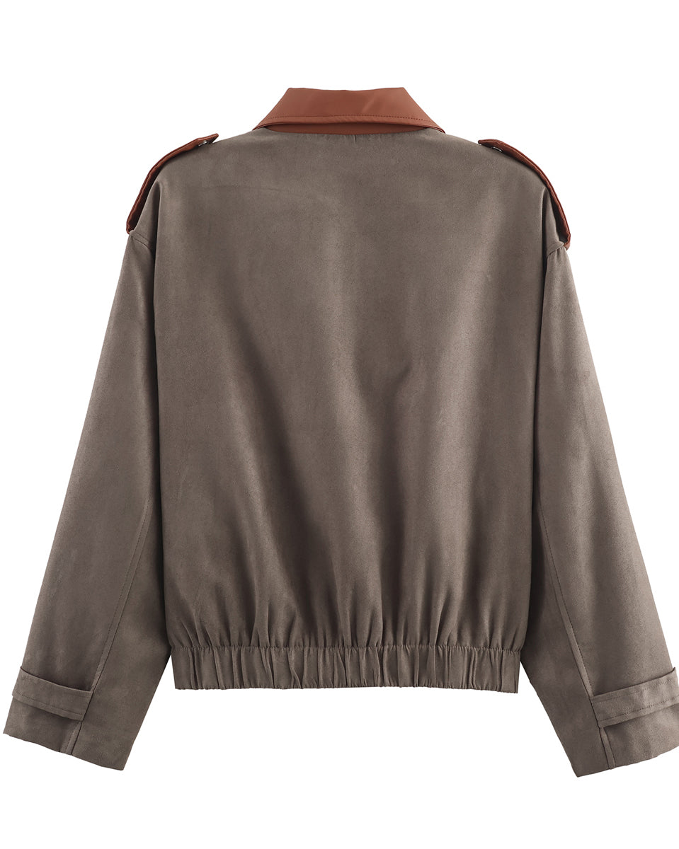 Warm & Cozy taupe suede jacket with brown leather accents, langry fashion ملابس