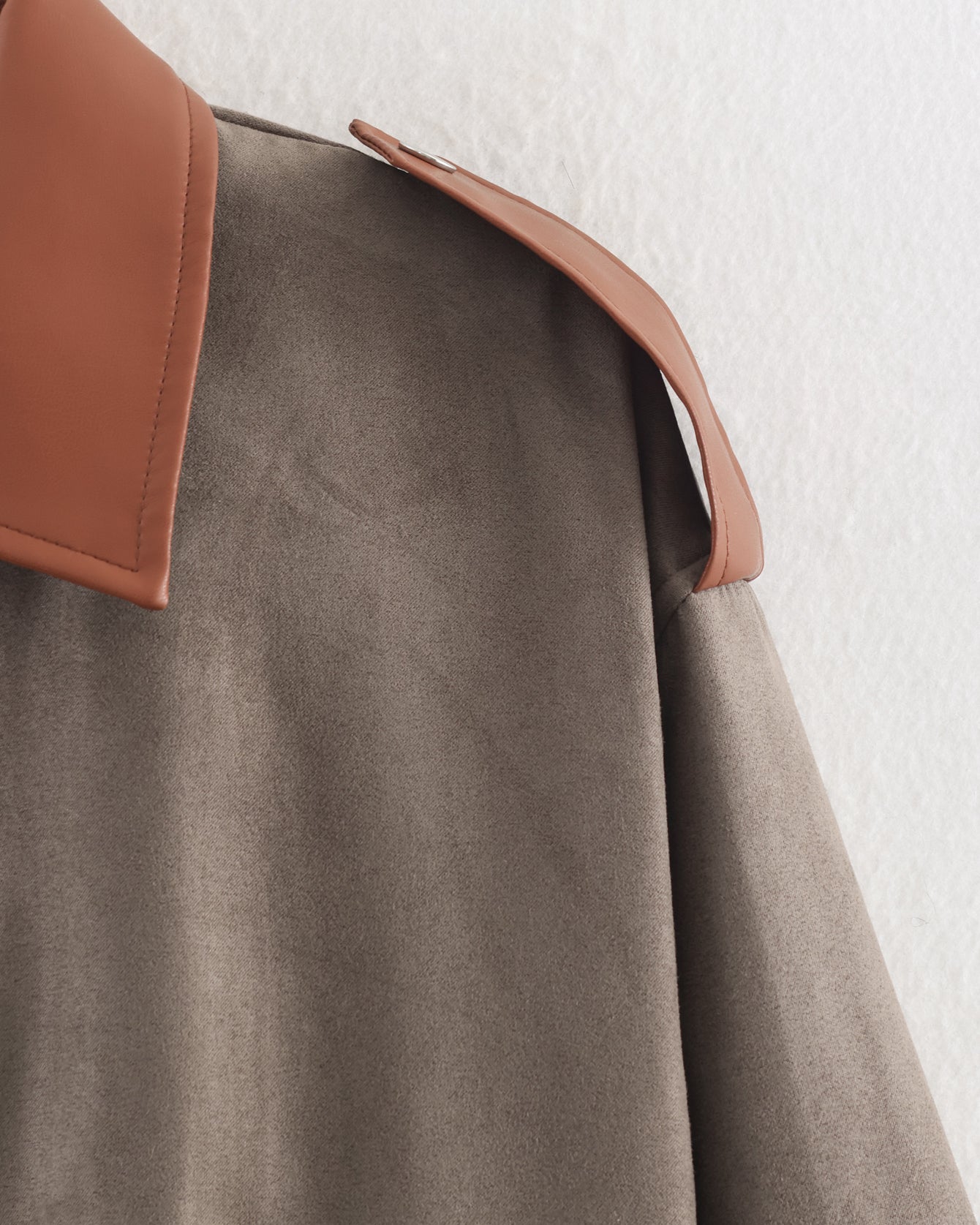 Taupe suede Warm & Cozy Jacket with tan leather collar, langry fashion ملابس