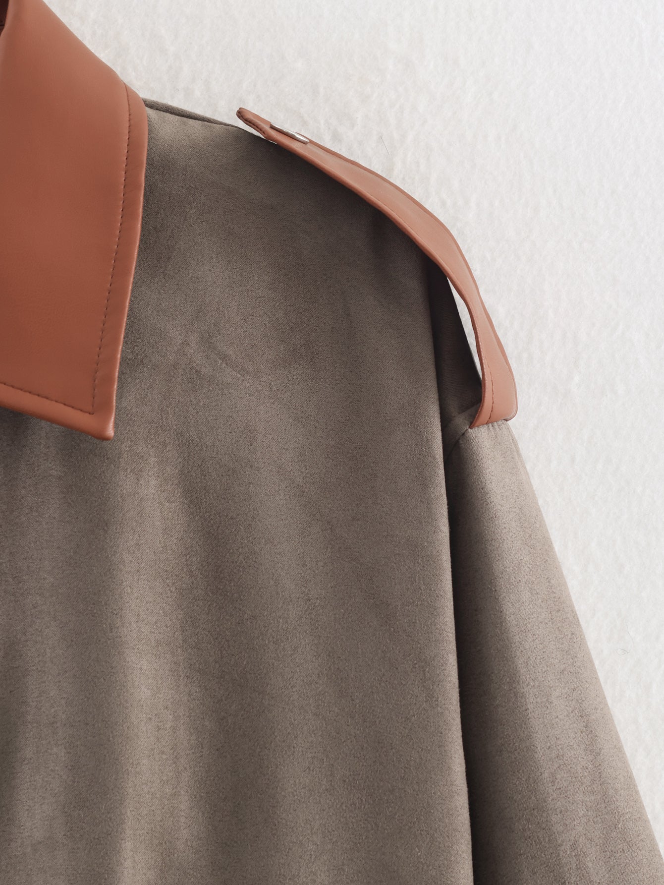 Taupe suede Warm & Cozy Jacket with tan leather collar, langry fashion ملابس