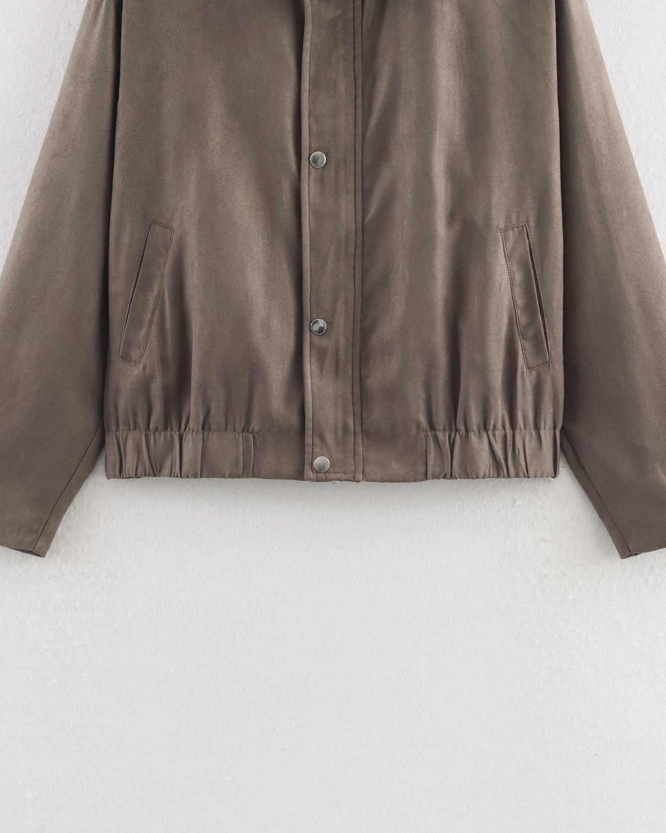 Warm & Cozy Suede Jacket in taupe with subtle sheen and elasticated cuffs, langry fashion ملابس