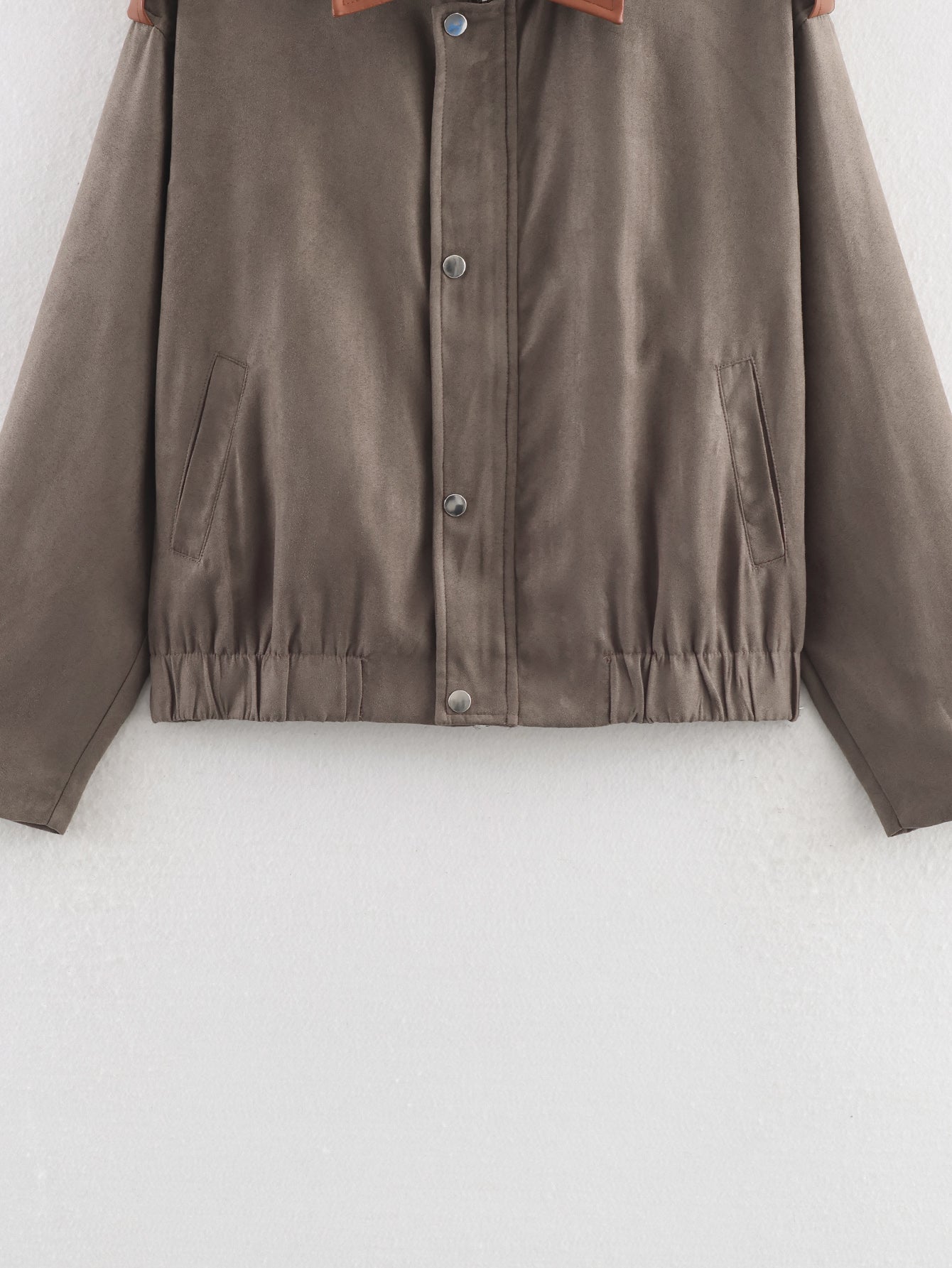 Warm & Cozy Suede Jacket in taupe with subtle sheen and elasticated cuffs, langry fashion ملابس