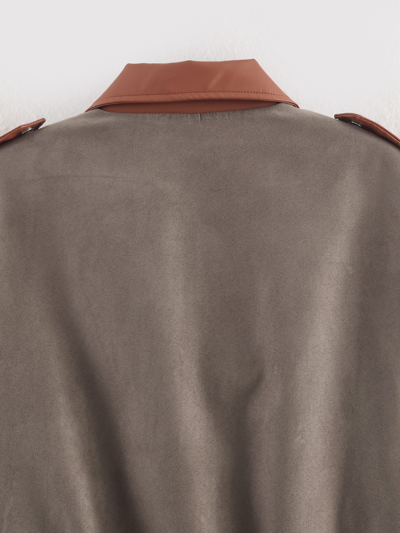 Taupe trench coat with brown leather collar and epaulets, langry fashion ملابس