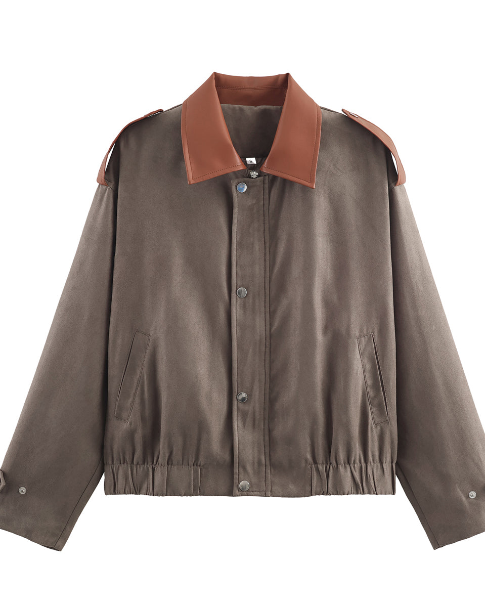 Stylish Warm & Cozy Suede Jacket in olive green with brown leather accents