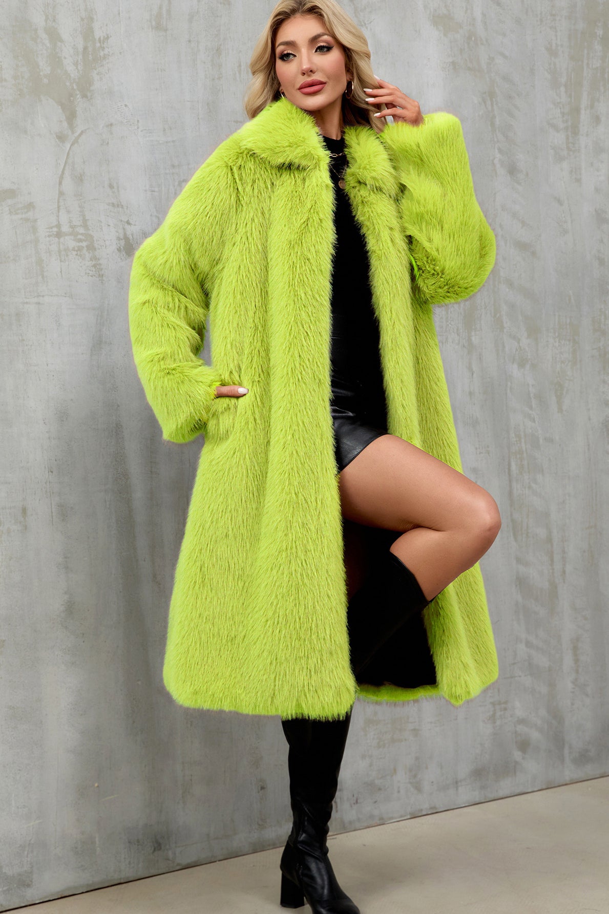 Vibrant neon green faux fur long plush coat with wide collar