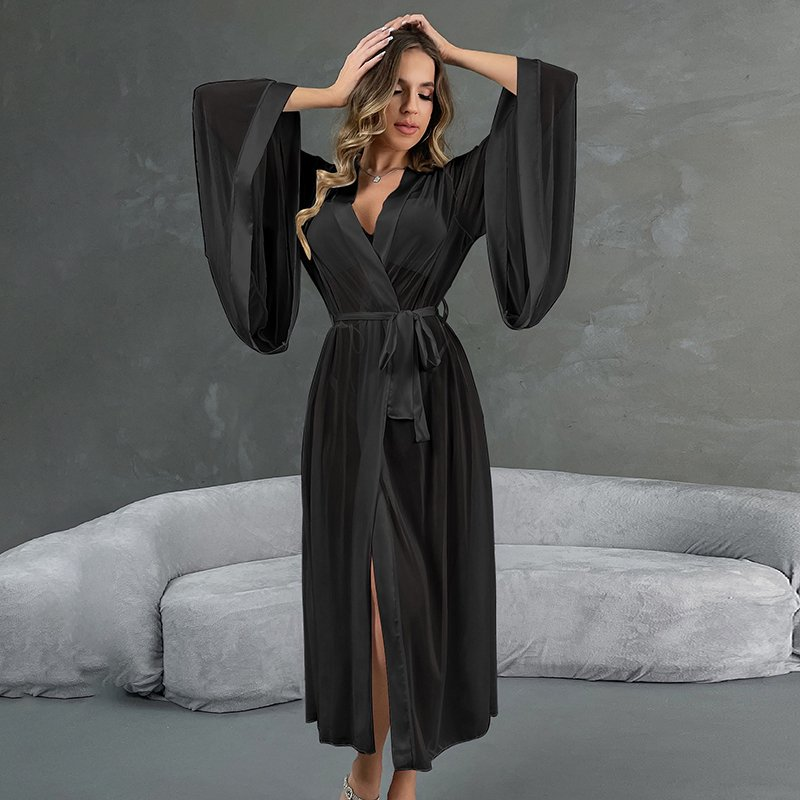 Black satin robe with lace-up mesh details in langry fashion ملابس