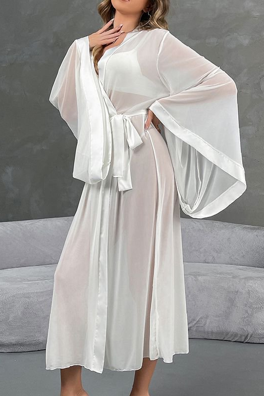 Elegant langry fashion white satin robe with lace-up mesh details
