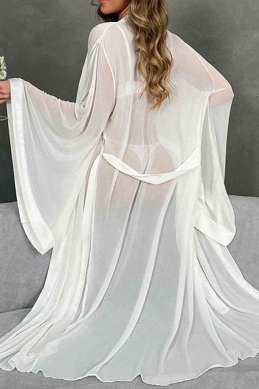 Elegant langry fashion white sheer robe with bell sleeves and belt