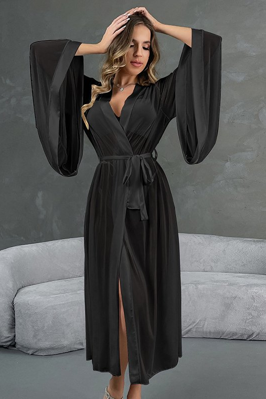 Langry fashion black satin robe with lace up mesh nightgown