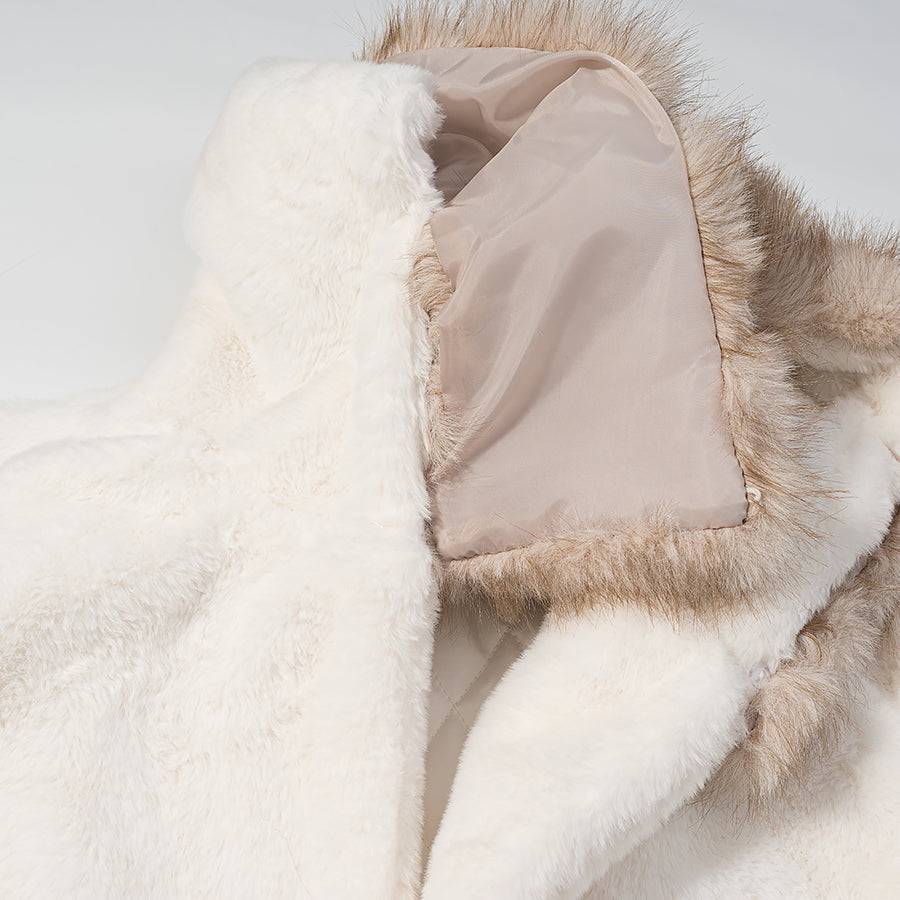 Langry faux fur hooded coat with beige lining and tan trim