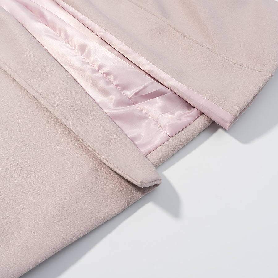 Elegant langry fashion pink woolen coat with suede exterior and satin lining