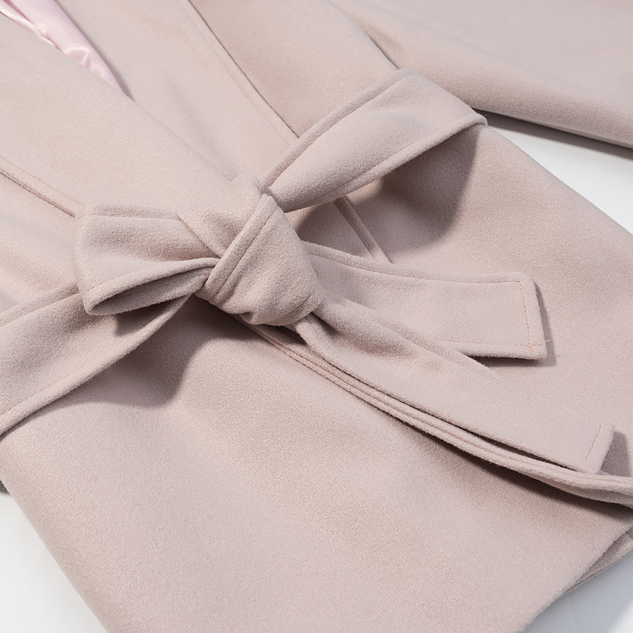 Elegant langry fashion blush pink wool coat with self-tie belt bow