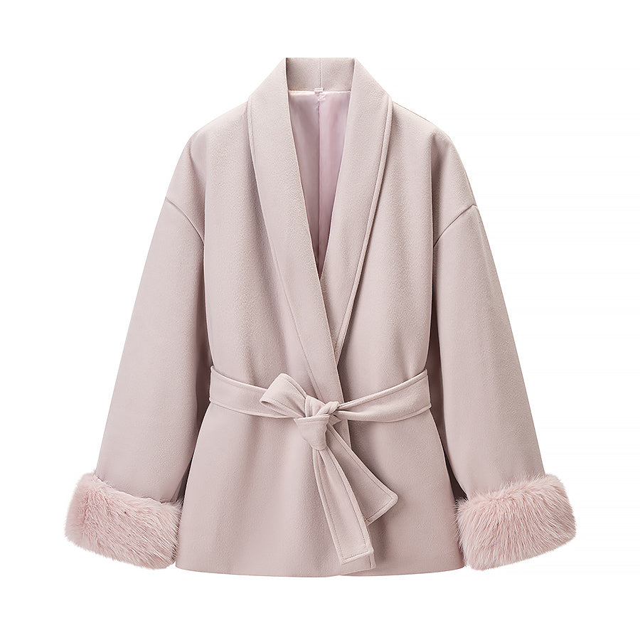 Elegant langry fashion wool coat with blush fur trim and waist belt