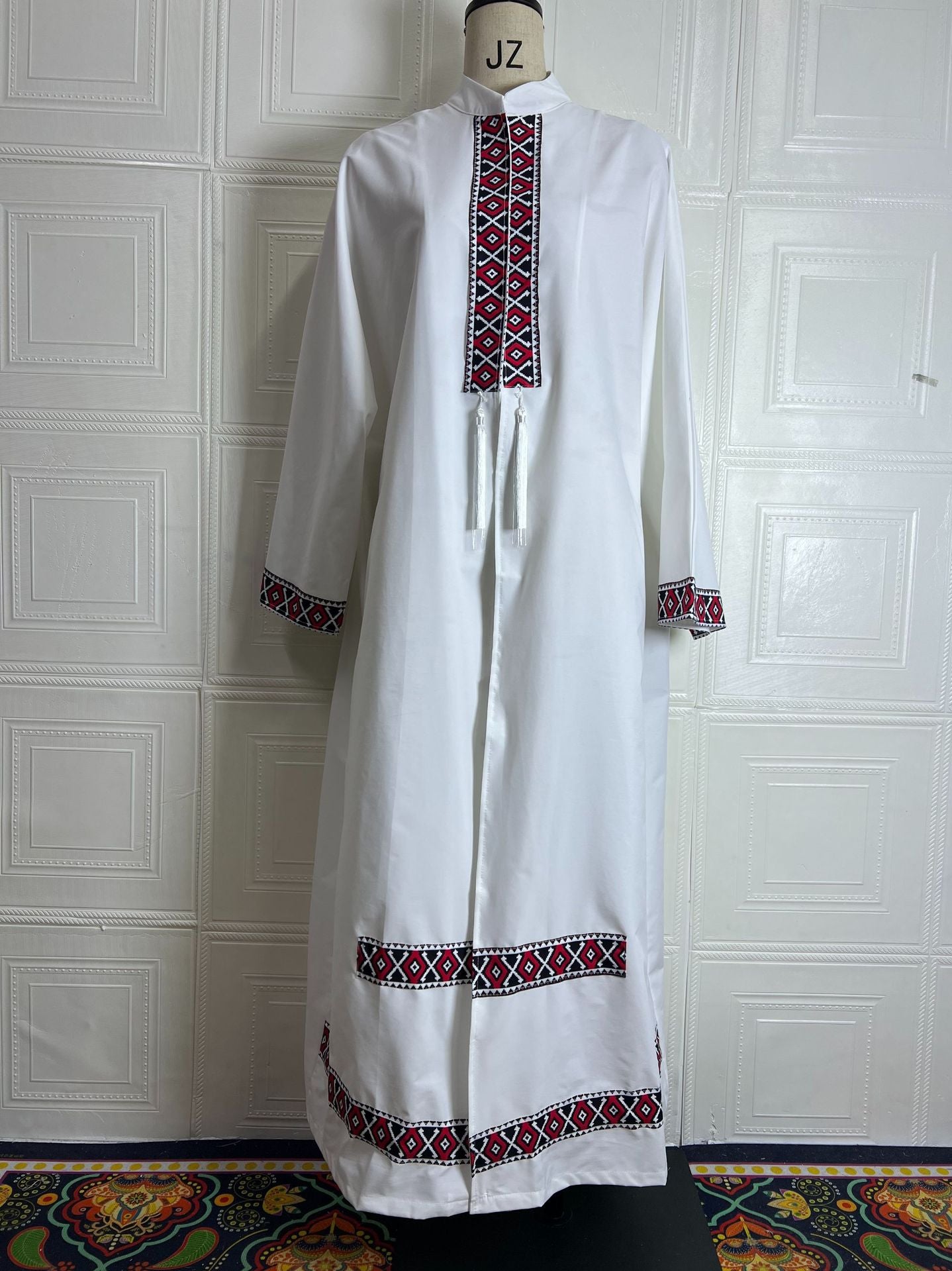 Langry fashion white embroidered dress with red black geometric patterns