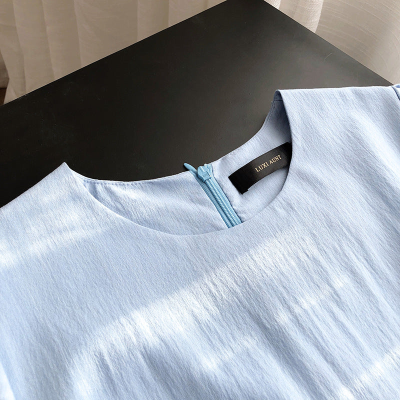 Light blue French Elegant Puff Sleeve Dress with Zipper, stylish puff sleeve dress