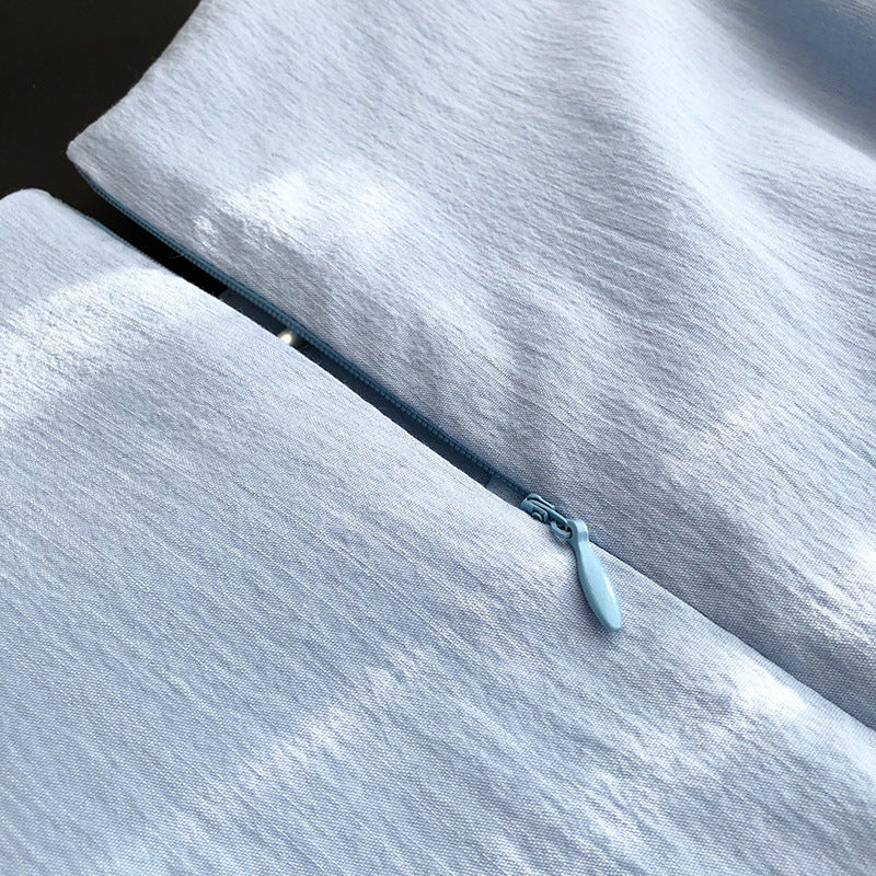 Light blue fabric with zipper of French Elegant Puff Sleeve Dress, a stylish puff sleeve dress