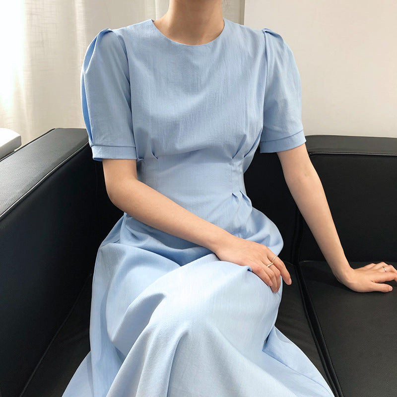 Light blue French elegant puff sleeve dress showcased in a stylish puff sleeve dress design