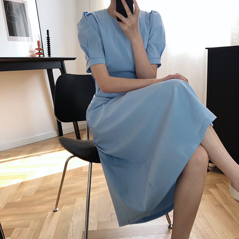 Elegant puff sleeve dress in light blue with French elegant puff design