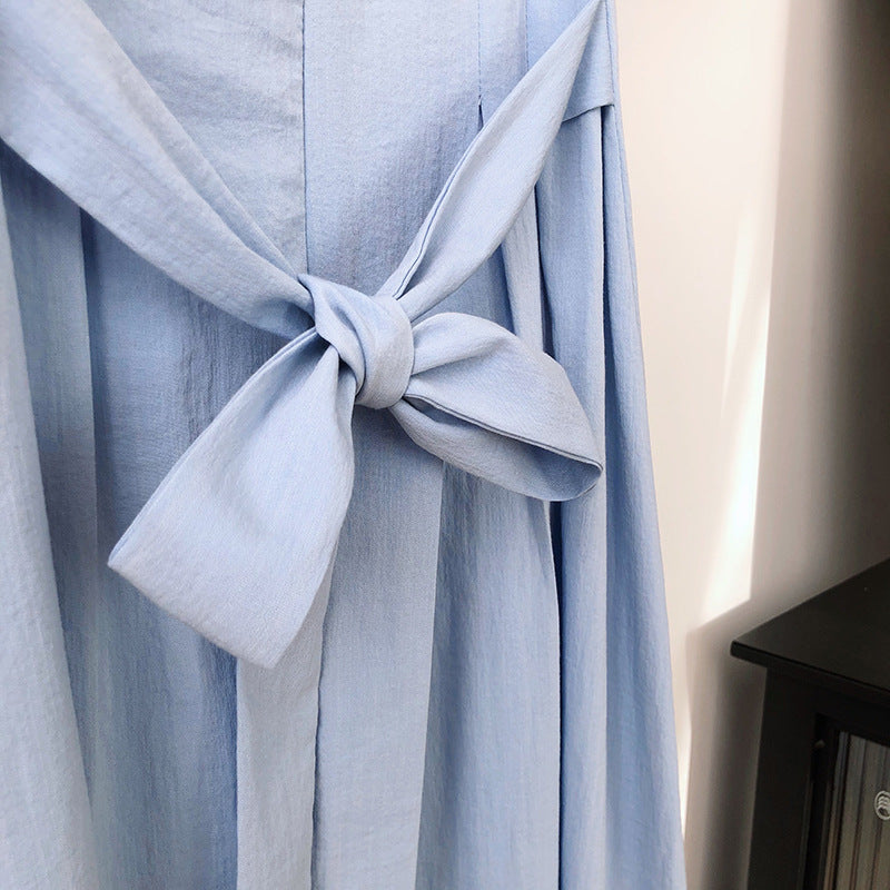 Light blue French Elegant Puff Sleeve Dress with tied bow for sophisticated style