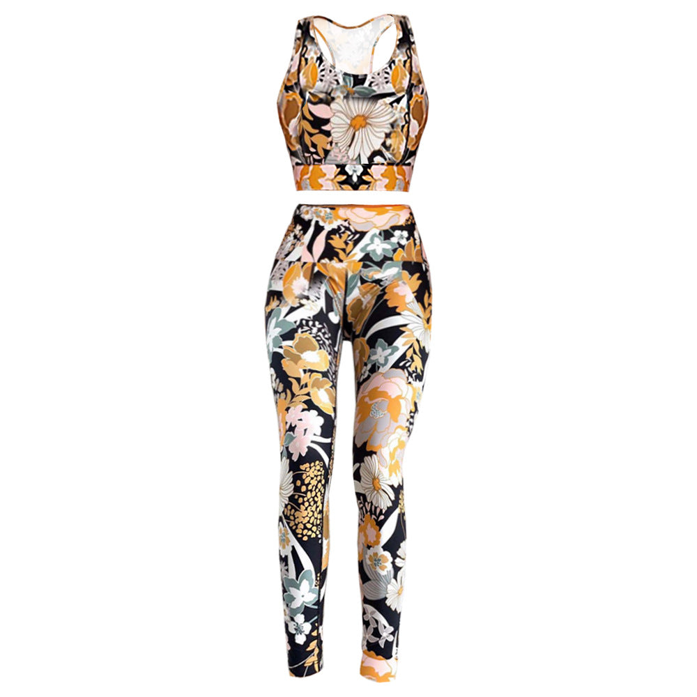 Floral print athletic set featuring comfy vest yoga top and matching vest yoga set