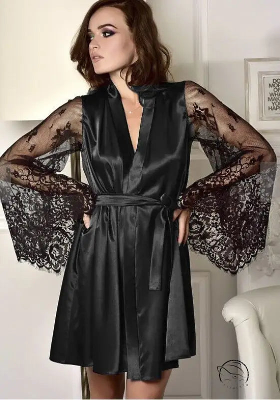 Beautiful long sleeve imitation ice silk robe with black satin and lace sleeves