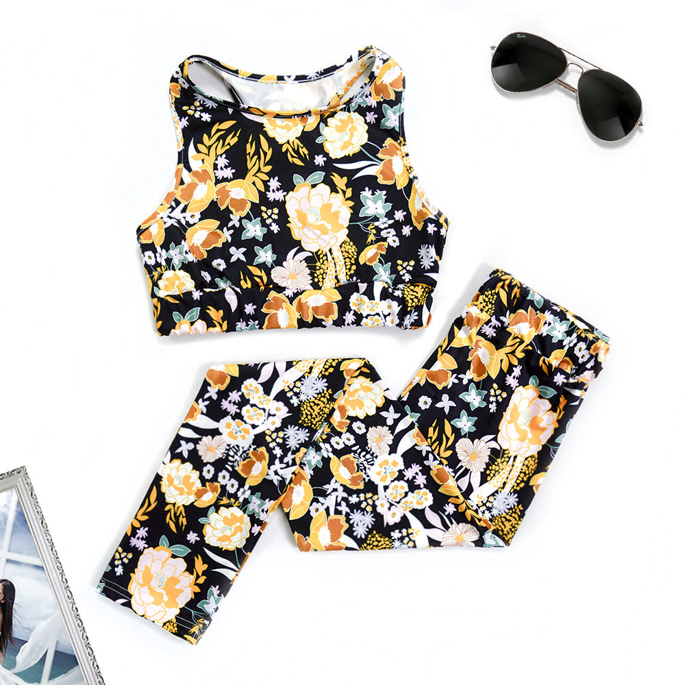 Floral print athletic set featuring a comfy vest yoga set for stylish activewear