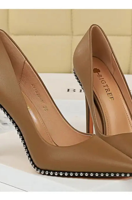 Brown leather stiletto heels with studded trim in Party Thinner High Heels