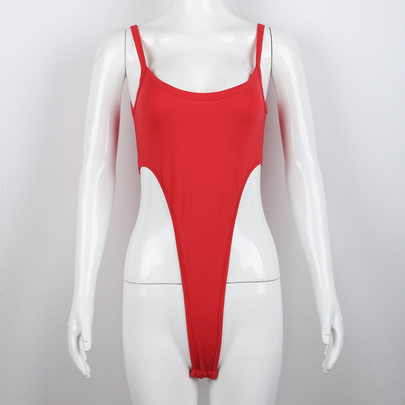 Summer High Split Cropped Outfit Solid Color Base Bodysuit