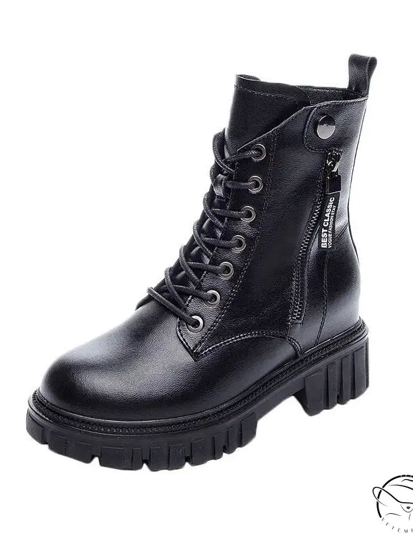 Black single genuine leather waterproof platform combat boot with chunky sole and side zipper