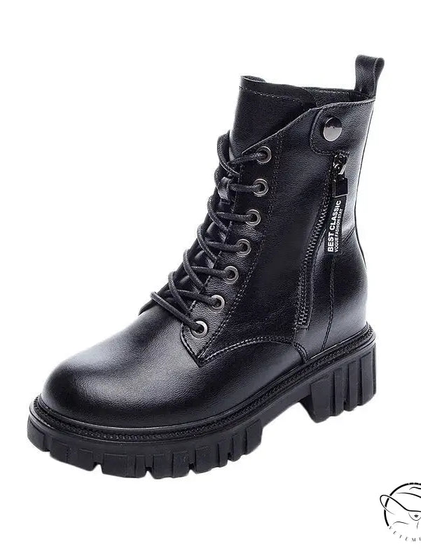 Black single genuine leather waterproof platform combat boot with chunky sole and side zipper