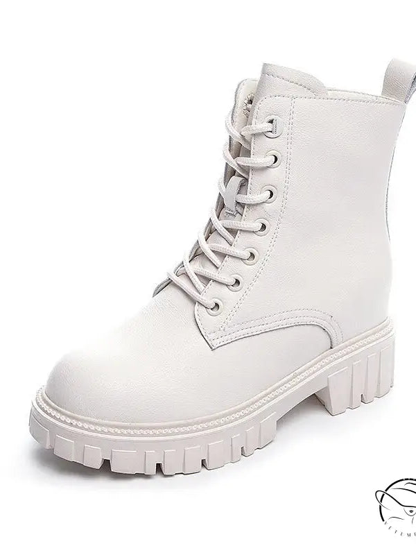 Black single genuine leather waterproof platform heel with white leather combat boot style, chunky sole and lace-up front