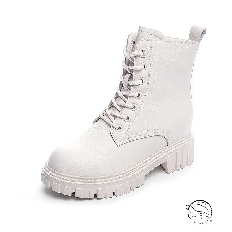 Black single genuine leather waterproof platform heel with white leather combat boot style, chunky sole and lace-up front