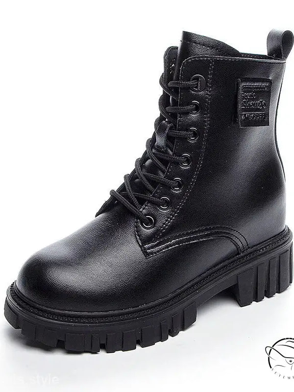 Black single genuine leather waterproof platform combat boot
