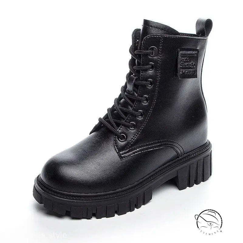 Black single genuine leather waterproof platform combat boot