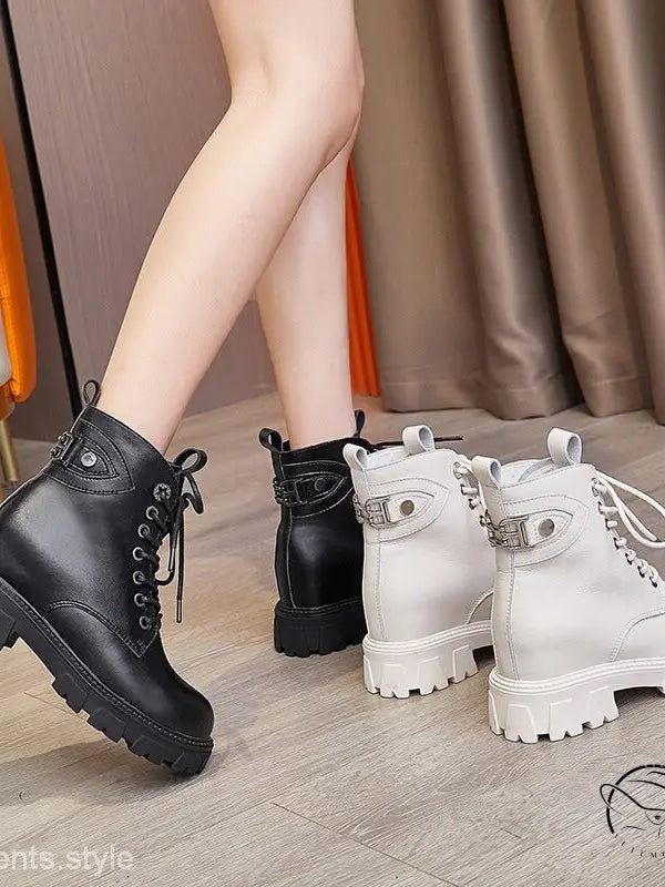 Black single genuine leather waterproof platform heels in combat style with chunky lace-up soles