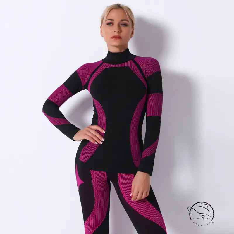 Black and pink seamless knitted turtleneck yoga top with geometric pattern
