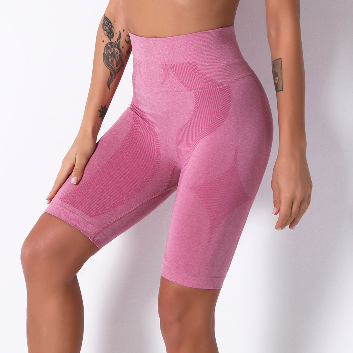 Pink high-waisted athletic shorts from Seamless Knit Breathable Striped Shorts Yoga Pants fashion